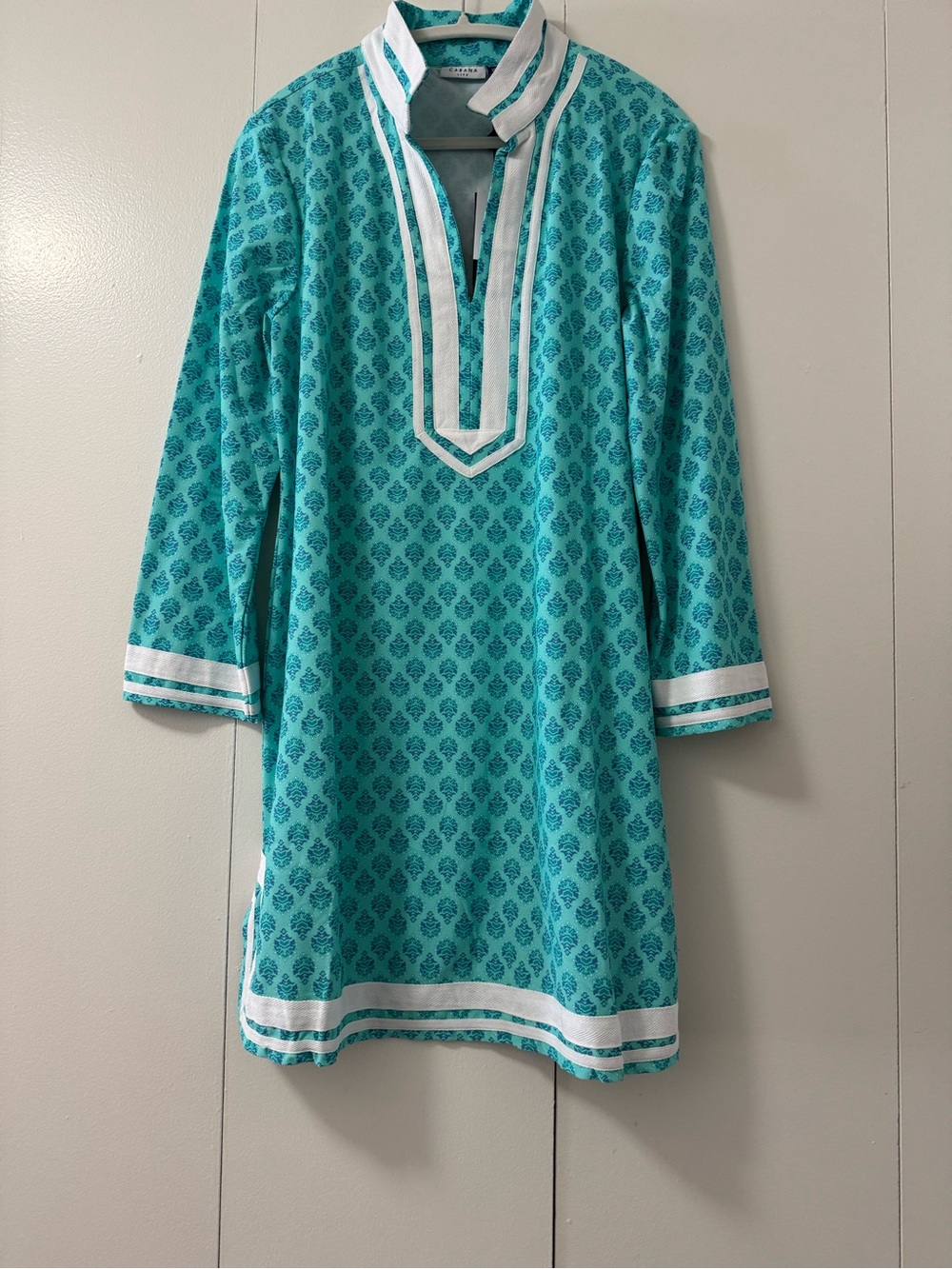 Cabana Life Turquoise & White Printed Long Sleeve Tunic Cover-Up